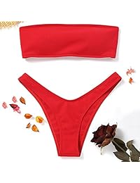 ZAFUL Bikini de dos piezas sin tirantes con encaje acanalado de corte alto para dama