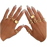 Tornito 12 Pcs Gold Stackable Rings Set for Women 18K Gold Plated Knuckle Open Rings Chunky Heart Square Twist Statement Signet Rings Silver Gold Tone Adjustable