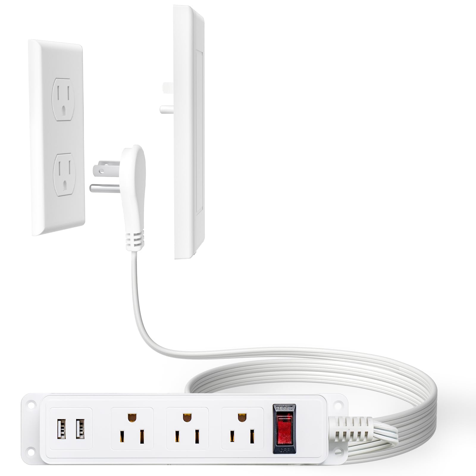 Photo 1 of addlon Flat Plug Power Strip with Ultra-Thin Wall Plate, 6 FT Flat Extension Cord with 3 Standard 15A Outlets & 2 USB Ports, Electrocution Protection, Includes 2 Sets of Fixing Clip, ETL Listed
