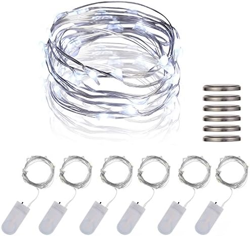 6 Pack 2M/6ft 20 LEDs Micro Fairy Silver Wire String LED Lights, Battery Powered Waterproof Mine LED Lights for Wedding Party Christmas Holiday Decoration（white）
