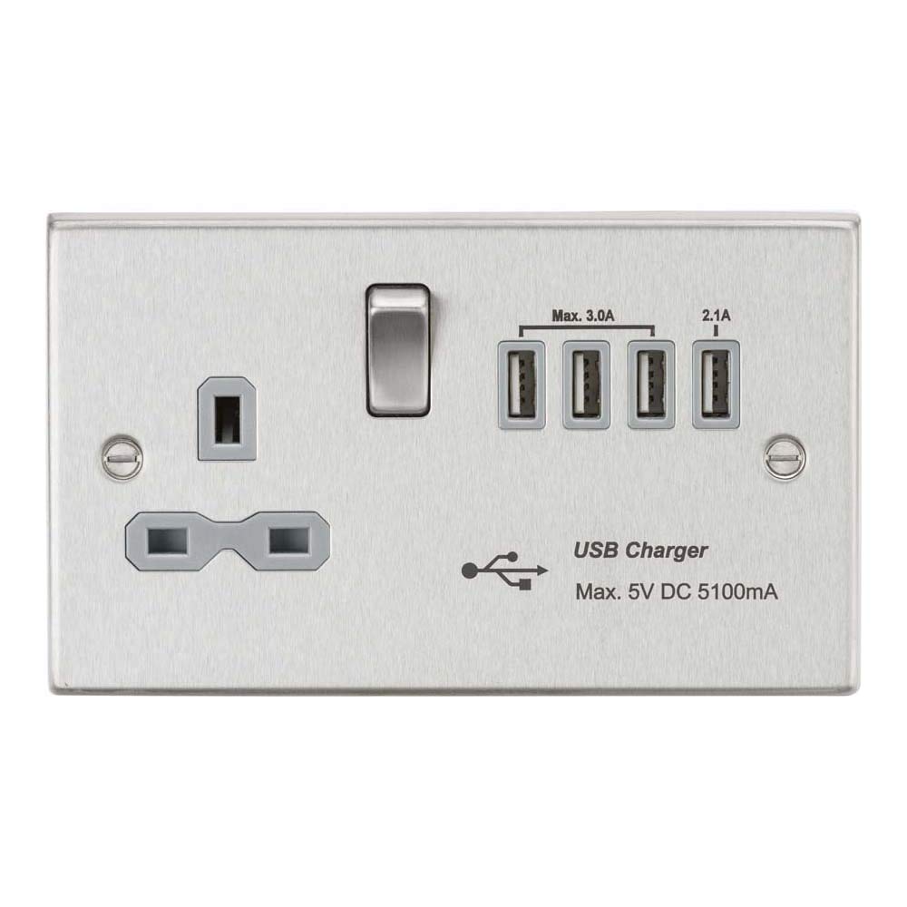 Knightsbridge CS7USB4BCG Switched Socket with 5.1 A Quad USB Charger, Brushed Chrome with Grey Insert, 13 A