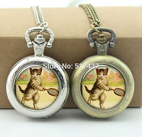 Pretty Lee Tennis Kitten Pocket Watch Mini Glass Locket Necklace Vintage Pocket Watch Necklace Silver