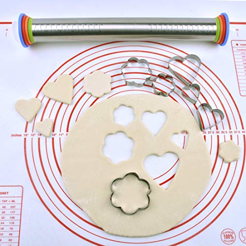 Rolling Pin with Thickness Rings, Adjustable Rolling Pin and Pastry Mat Set for Baking Dough, Pizza, Pie Crusts, Pastries, Pasta and Cookies
