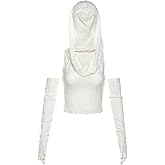 QJK Hooded Tops Off Shoulder Shirt Tight Top Crop Top with Sleeve Gothic Bodycon Top