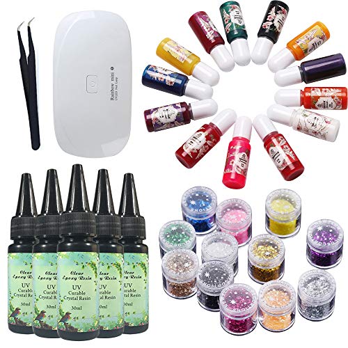 5 Pieces 30ML Crystal Epoxy Resin 13 Color Liquid Pigment 12 Glitter Sequins with Mini Lamp 1 Tweezer For DIY Handcraft Jewelry Earrings Necklace Bracelet Nail Art Accessories