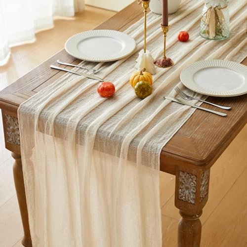 Cheesecloth Table Runner Ivory White Gauze Rustic Cheese Cloth Spring Table Runner for Wedding Baby Bridal Shower Birthday Party Long Sheer Boho Home Decorations, 35.4*118 Inch