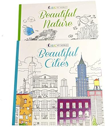 2 Adult Coloring Books ~ Beautiful Cities & Beautiful Nature + Free 12 Pack Colored Pencils