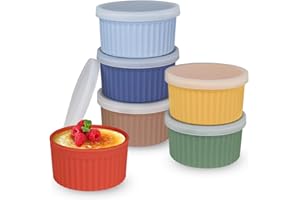 Koluti Nonstick Silicone Ramekins 8oz Set of 6, Creme Brulee Souffle Oven Safe Bowls with Lids, Pudding Dessert Baking Cups I