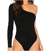 Allchic Womens Sexy One Shoulder Long Sleeve Bodysuit Tops Scoop Neck Jumpsuits