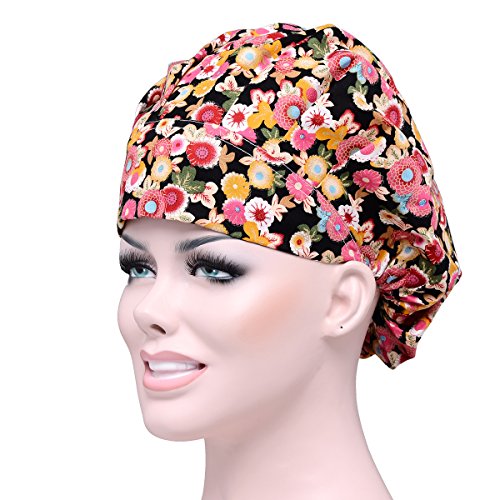 YOOBNG Women Scrub Bouffant Hat Cap Adjustable Classic Beauty Print Floral Cute One Set