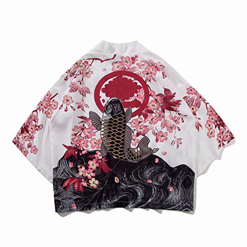 Japanese Traditional Costumes Sakura Kimono Cardigan Man Womanr'S Beach Robe Bushido,White,XXL