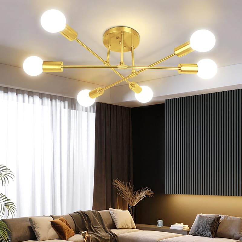 YICALE Sputnik Ceiling Light,6 Lights Gold Ceiling Lights Living Room,Gold Light Fitting Angle Adjustable,Semi Flush Mount Chandeliers for Kitchen,Bedroom,Dining Room,E27 Base(NO Bulbs)