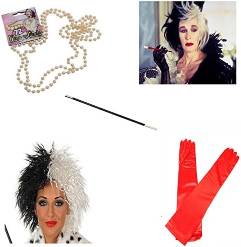 NeonCandyUK Big Girls' Cruella De Ville Costume Fancy Wig Cigarette Holder Gloves One Size Red