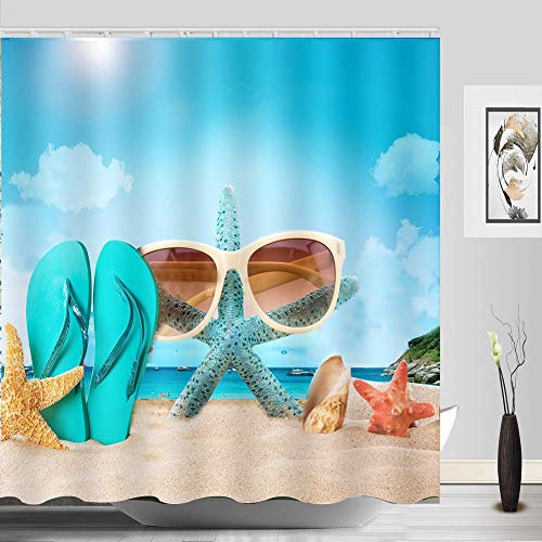 ABxinyoule Starfish Beach Shower Curtain Conch Seashell Polyester Fabric Sea Shell Bathroom Decal