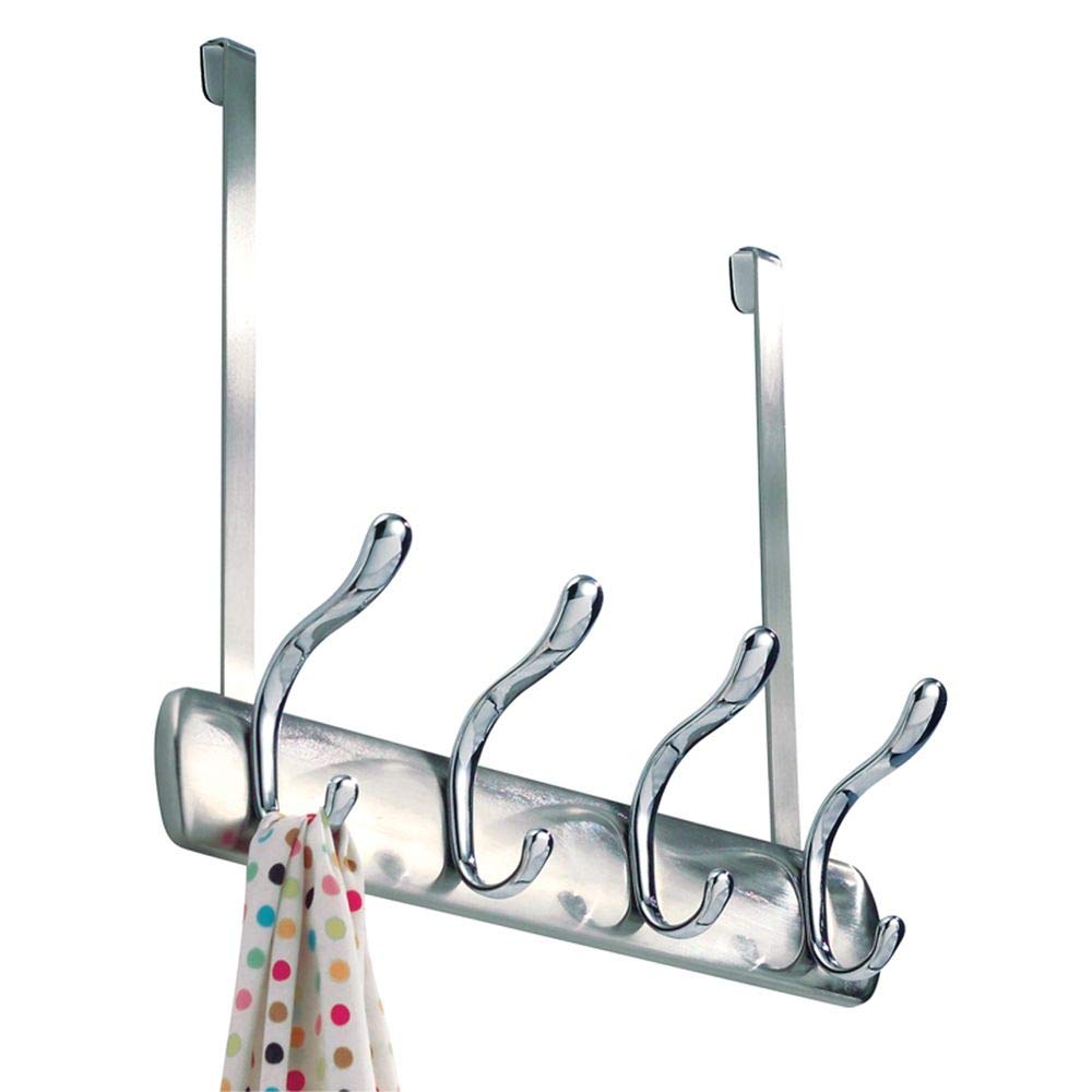 iDesign Bruschia Metal Over the Door Hanging 4-Hook Rack for Coats, Hats, Robes, Towels in Bathroom, Bedroom, Dorm, Entryway, 13" x 4.42" x 11.25", Brushed Nickel and Chrome