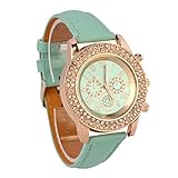 Tonsee Bling Crystal Dial Quartz Analog Leather Bracelet Wrist Watch (Mint Green)