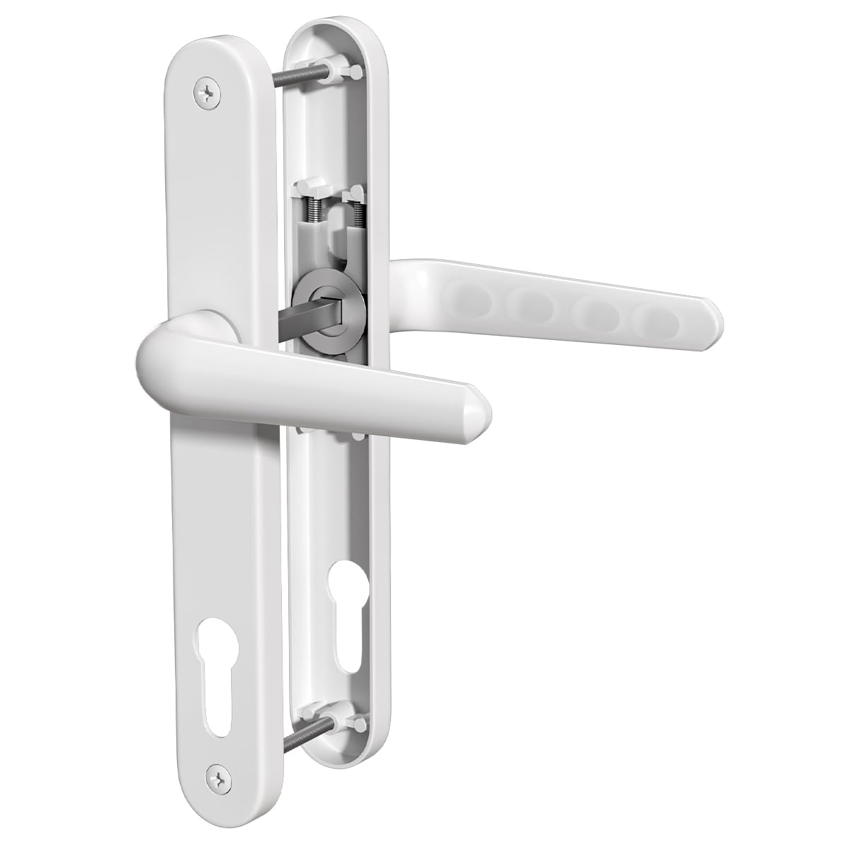 Bwintech 1 Set White UPVC Door Handle Set, 92mm Backset, 210mm Screw Hole Distance, 243mm Plate Length Front Door Handles for UPVC Door