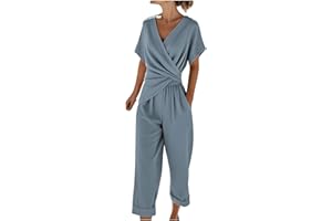 Womens Linen 2 Piece Outfits Cap Sleeve Twist Front Lounge Set Summer Tracksuits Matching Sets Beach Travel Clothes