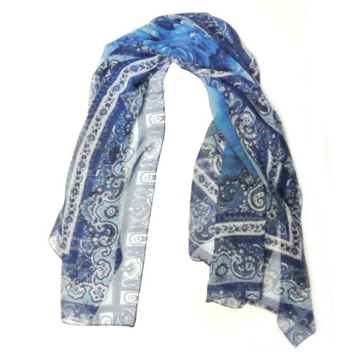 Wrapables 100% Mulberry Silk Floral Painting Square Scarf, Blue Rose