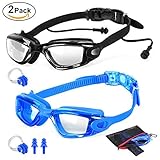 2 Packs Swim Goggles + Nose Clip + Earplugs + Mesh Pouches, ELECOOL Anti fog UV Protection NO Leaking Lenses Swimming Glasses & Swim Gear for Adult Men Women Youth Kids Black