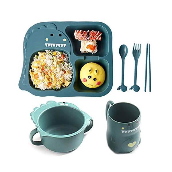 Besylo Tableware Dinner Sets, Dinner Plate, Dinnerware with Kids Plate Bowl Cup Spoon Fork, Cartoon Small Dinosaur, Healthy Wheat StrawTableware, Cartoon Tableware(Green)