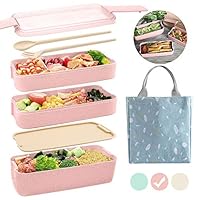 Ozazuco Bento Box for Kids Japanese Lunch Bento Box, 3-In-1 Compartment - Wheat Straw, Leakproof ，Microwave Safety，BPA free Kids Lunch Containers (Pink)