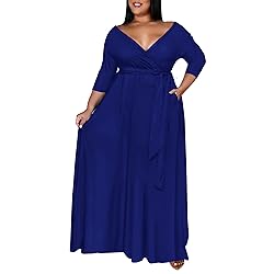 Runwind Plus Size Maxi Dress Sexy 3/4 Sleeve V Neck