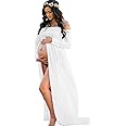 YnimioAOX Women's Off Shoulder Long Sleeve Maternity Dress for Photography Chiffon Maternity Gown for Photoshoot