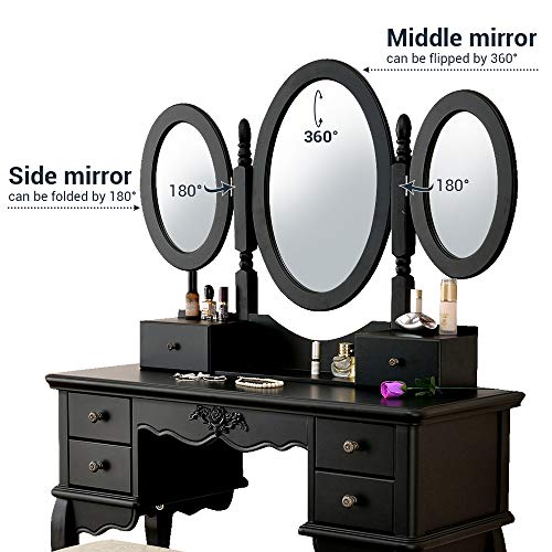 Vanity Makeup Table Set Tri-Folding Mirror Dressing Table with Padded Stool and 6 Drawers, Bedroom Vanity Table Writing Desk with Removable for Girls Women,Black