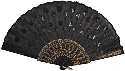 Liroyal Peacock Pattern Sequin Fabric Hand Fan Decorative Fashionable (Black)