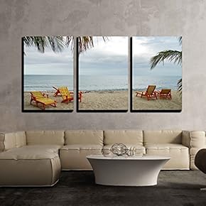 3 Piece Canvas Wall Art - Beach and Sun Beds Near The Pacific Ocean in Belize - Modern Home Art Stretched and Framed Ready to Hang - 16"x24"x3 Panels