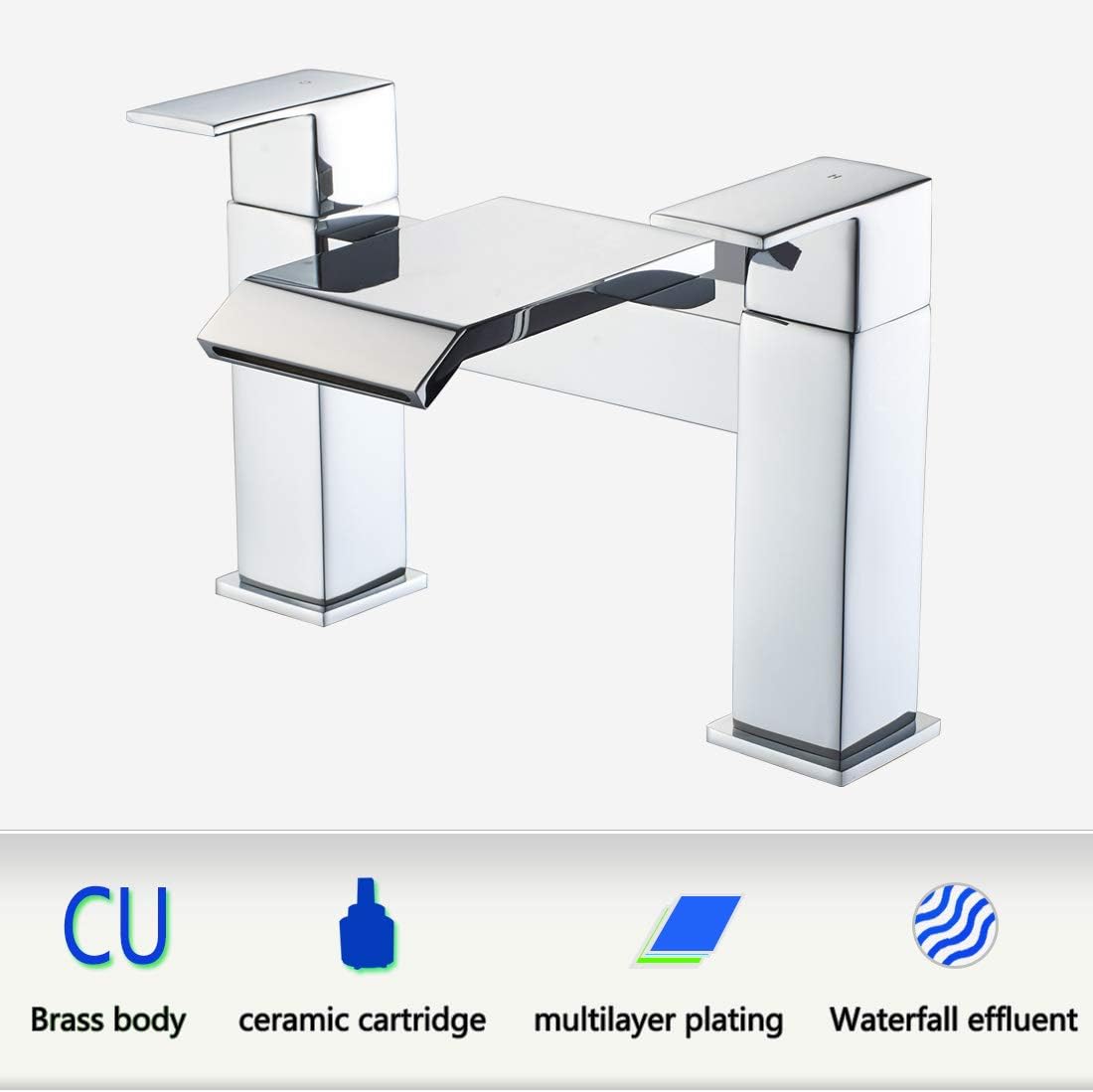 Luckyhome Waterfall Bath Mixer tap Bathroom Square Monobloc Double Lever Bath Filler Mixer Tub Tap(Chrome) - Image 5