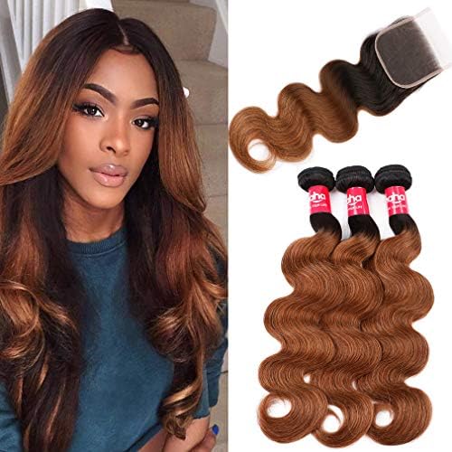Haha Ombre Brazilian Hair 3 Bundles With Closure Body Wave 2 Tone Black to Medium Auburn Brown Ombre Human Hair Bundles With Lace Closure T1B/30, 16 18 20+14