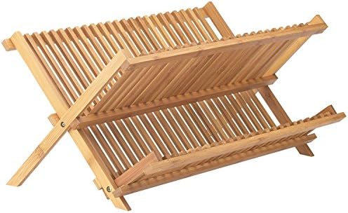 ZJ Family Organic Bamboo Dish Rack Folding Countertop Dish Drying Rack Wooden Utensil Dryer 2 Tier