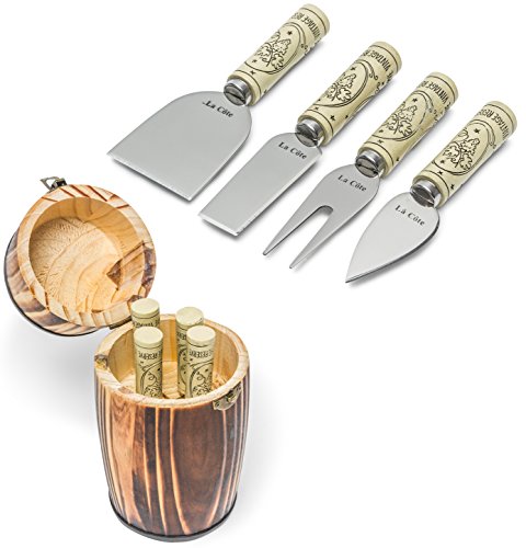 La Cote 4 Piece Cheese Knives Fork and Spreader Set Stainless Steel
Cork Resin Handle (In Pine Wood Mini Barrel)