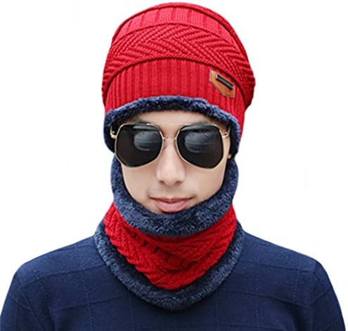 Unisex Winter Slouchy Beanie Hat Scarf Set Knitted Neck Warmers Gaiters Skull Caps (Red)