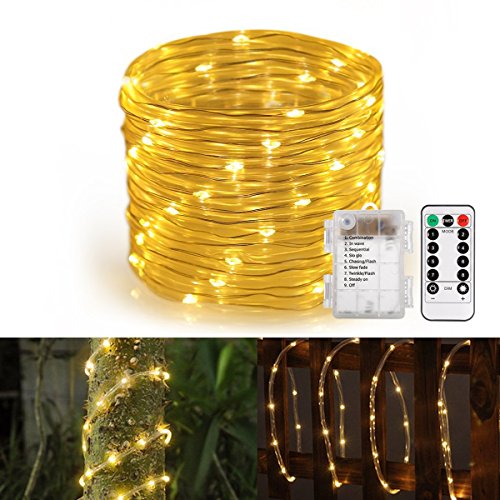 GreenClick LED Rope String Lights Battery Powered 120 LEDs Warm White Indoor Rope Lights With Romote Timer Waterproof 45Ft 8 Mode String Lights For Patio, Yard, Parties, Wedding