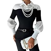 UOOZEE Women's Chic Black White Contrast Long Sleeve Shirt Retro Elegant Office Casual Work Top Semi Formal Ribbed Knit Shirt