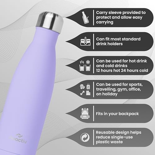 Nuactiv Stainless Steel Water Bottle 500ml, Vacuum Insulated Metal Flask, Leakproof, BPA Free, Reusable Sports Flask, Keeps Drinks Cold 24h & Hot 12h, for Gym, Travel, Work & School