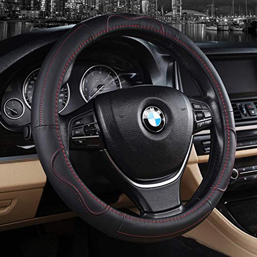 Bestobal Car Steering Wheel Cover Genuine Leather, Universal 15 Inch, Black with Red Lines - Durable, Anti Slip & Odor-Free