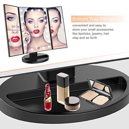 BESTOPE Makeup Vanity Mirror with 3x/2x Magnification,Trifold Mirror with 21 Led Lights,Touch Screen, 180° Adjustable Rotation,Dual Power Supply, Countertop Cosmetic Mirror (Black) - Thumbnail 6