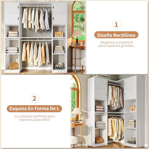 SIMPLE HOGAR Closet Armables para Ropa,Armarios para Ropa se Puede Cambiar Entre ángulo Recto y Esquina,Closet de Madera Está Equipado con 10 Espacios de Almacenamiento,170/W*202/H CM(Blanco)