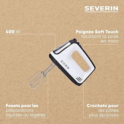 Batteur électrique 400 W, Fouet électrique avec 5 vitesses, fonction turbo et poignée Soft-Touch, Batteur mixeur livré avec 2 fouets et 2 crochets de pétrissage en inox, HM 3830