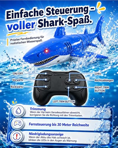 KOKODI Remote Controlled Robot Shark for Children from 3 Years - RC Water Toy with Light & Waterproof Remote Control, Summer Pool Toy, Bath Toy, Birthday Gift Boys Girls
