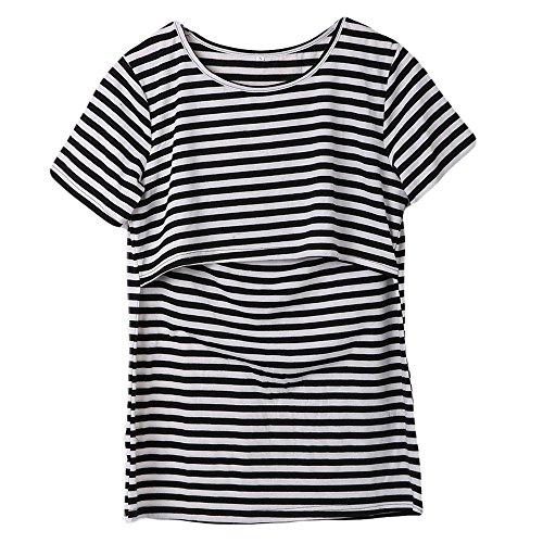 Women Breastfeeding Shirt Striped Patchwork Short Sleeve Maternity Breastfeeding and Nursing Tops (XXL, Black)