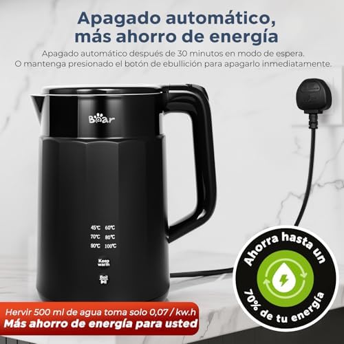 Hervidor de agua eléctrico, 1800 W-2200 W, 1,7 L, 45 °C ~ 100 °C, hervidor de agua con 6 regulaciones de temperatura, apagado automático y función de mantenimiento en caliente, acero inoxidable