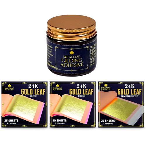 Barnabas Blattgold 24K Gold Leaf & Gilding Adhesive Bundle – 60ml Glue + 60 Real Gold Sheets (Loose & Patent) – for Art, Painting, Crafts, and Gilding Projects