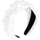 YISSION Pearl Knotted Headband for Women Non Slip Silk Beaded Headbands for women Wide Jeweled Embellished Hairband White Headband Hair Accessories for Women Girls