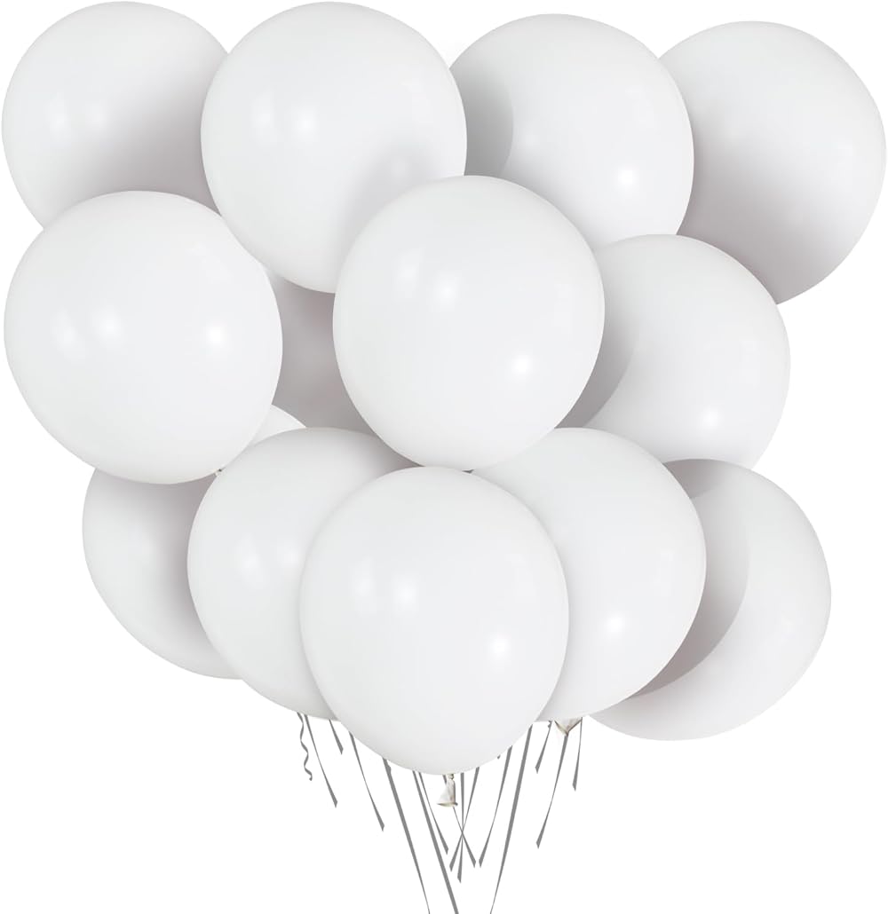 ASIYUHY White Balloons 100 Pack 12 Inch Latex with 2 Ribbon Rolls