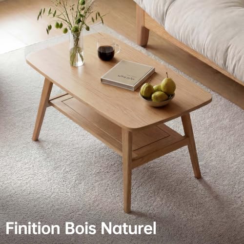 YESWOOD Solid Oak Coffee Table, Living Room Table with Storage 2 Levels, Solid Wood Coffee Table Ideal for Living Room, 80 x 50 x 44 cm, Natural Oak